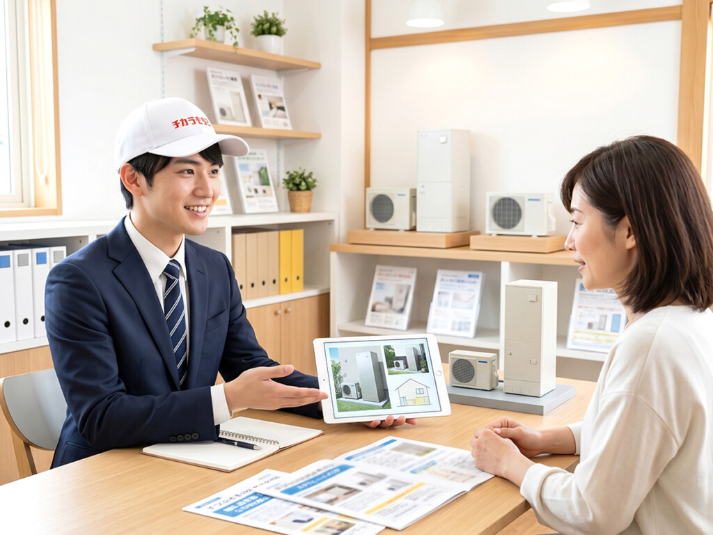 チカラもち金沢店のスタッフがエコキュート交換工事について相談対応しているイメージ画像