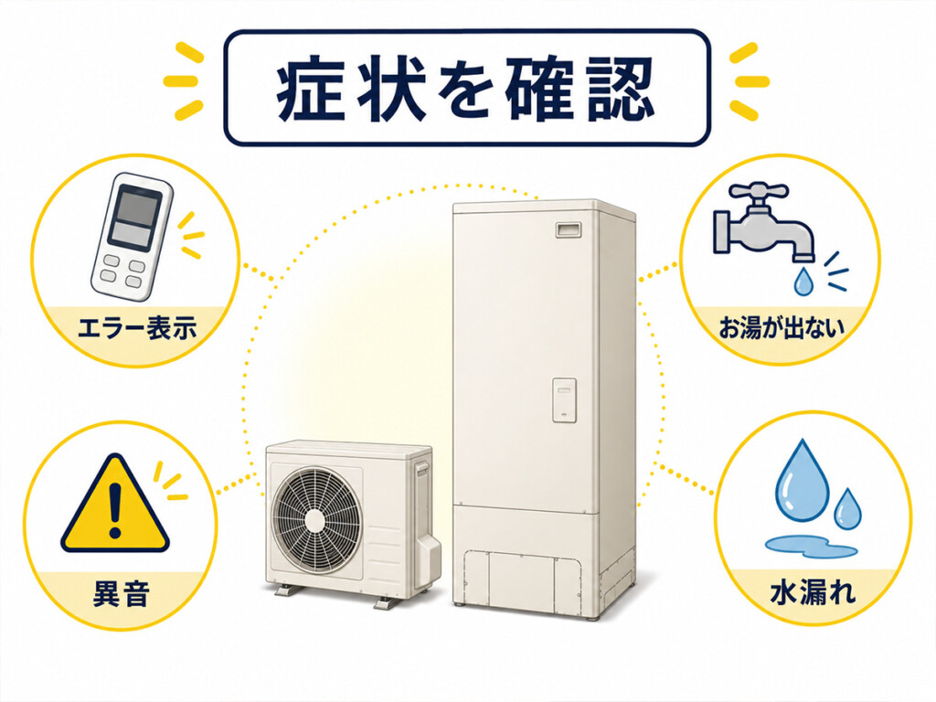 エコキュートのお湯が出ない、水漏れ、エラー表示、異音などの症状を整理した図解