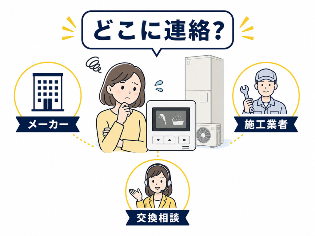 エコキュートが壊れた時にメーカーや施工業者、交換相談先を確認する図解