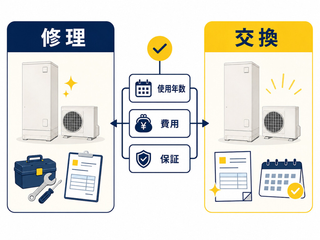 エコキュート修理と交換を使用年数や費用、保証で比較する図解