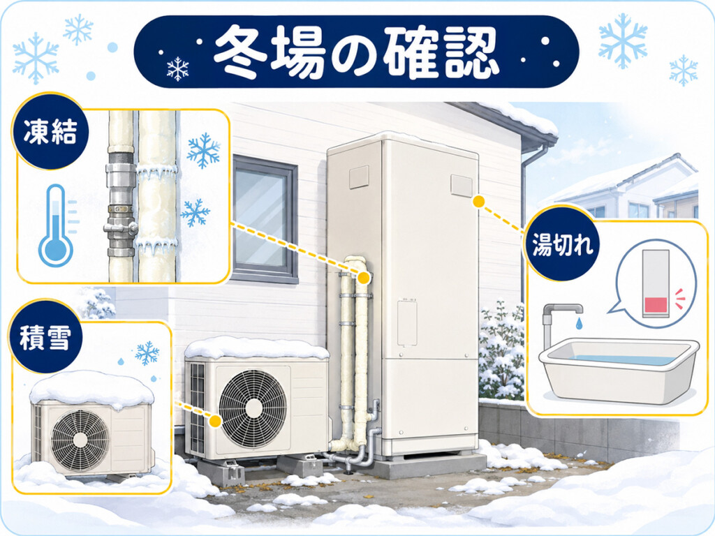 石川県の冬場にエコキュートで確認したい凍結や積雪、湯切れの図解