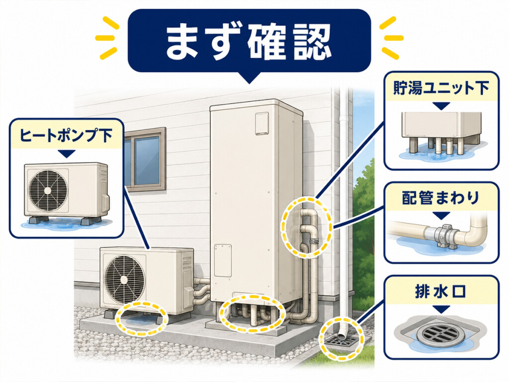 エコキュートの貯湯ユニット下やヒートポンプ下、配管まわり、排水口の水漏れ確認箇所を示す図解
