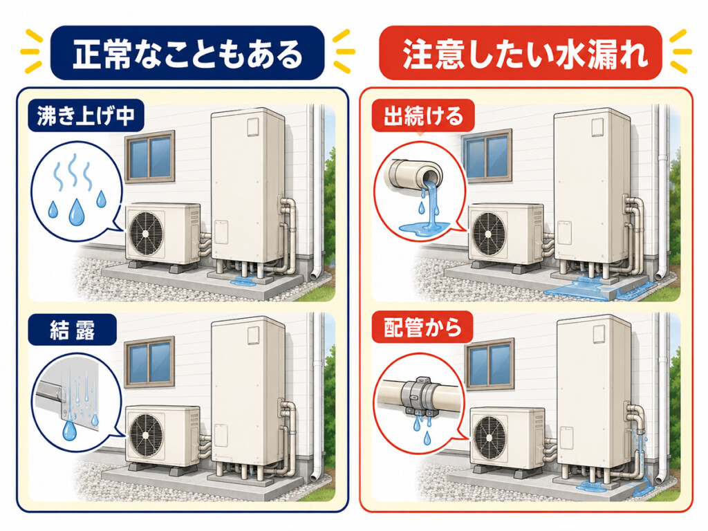 エコキュートの正常な排水と注意したい水漏れの違いを比較する図解