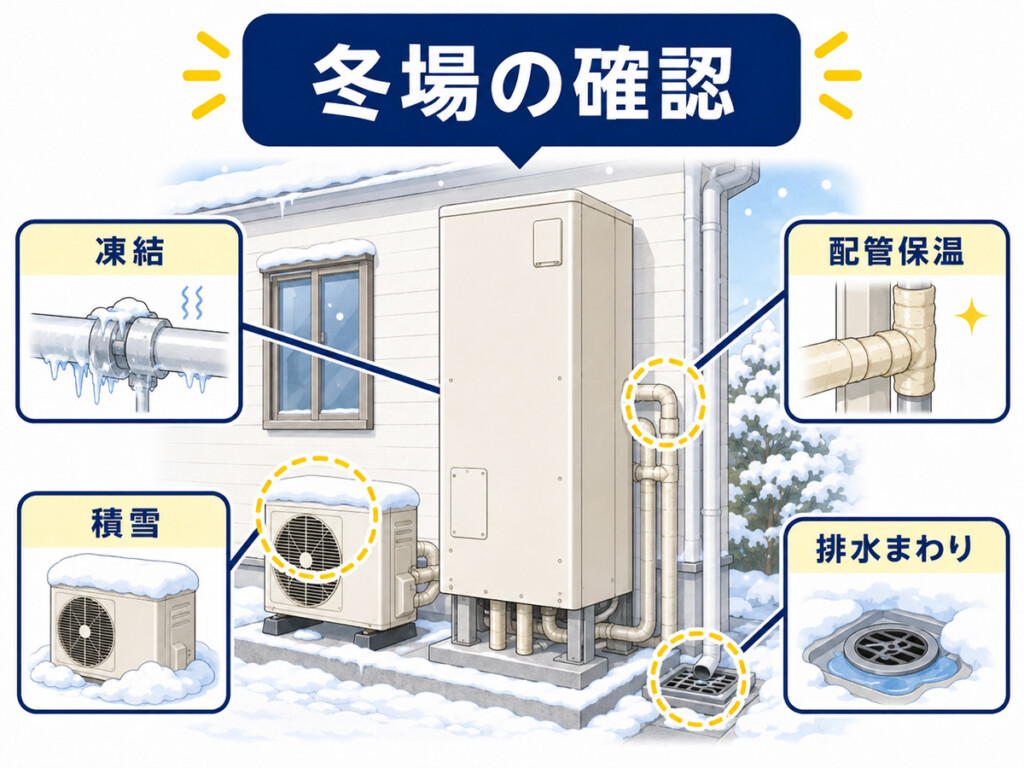 石川県の冬場にエコキュートの凍結や積雪、配管保温、排水まわりを確認する図解