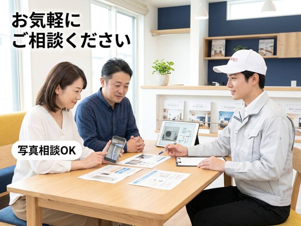 エコキュートの水漏れや不具合について、チカラもちスタッフがお客様の相談に対応している安心感のあるシーン