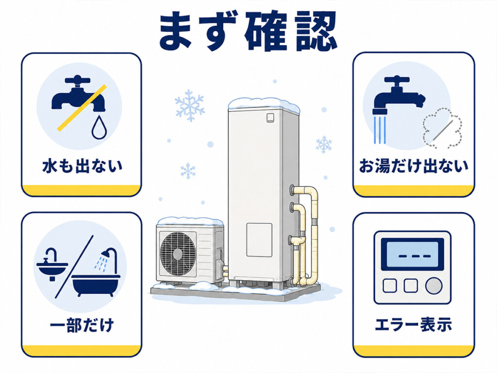 エコキュートが凍結している時に水も出ないかお湯だけ出ないか一部だけかを確認する図解