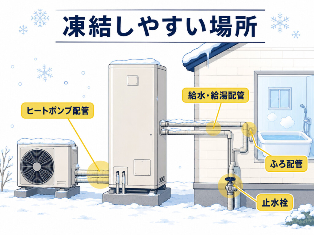 エコキュートで凍結しやすいヒートポンプ配管や給水給湯配管、ふろ配管、止水栓を示す図解