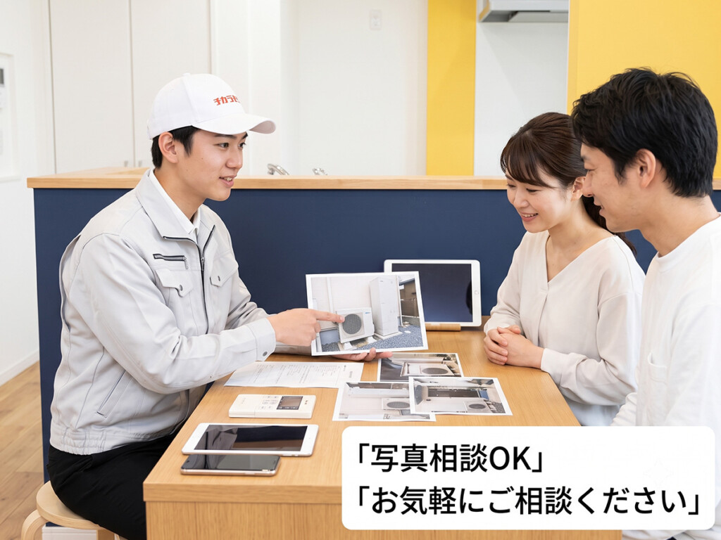 チカラもち金沢店のスタッフがエコキュートの凍結トラブルについて写真を見ながら相談対応している画像