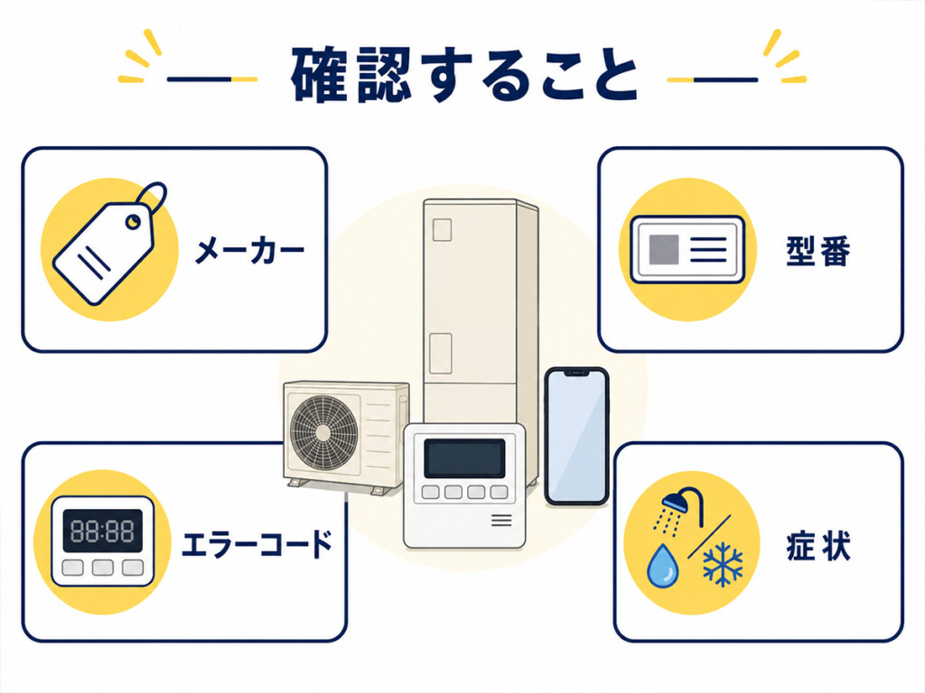 エコキュートのメーカー名や型番、エラーコード、症状を確認する図解