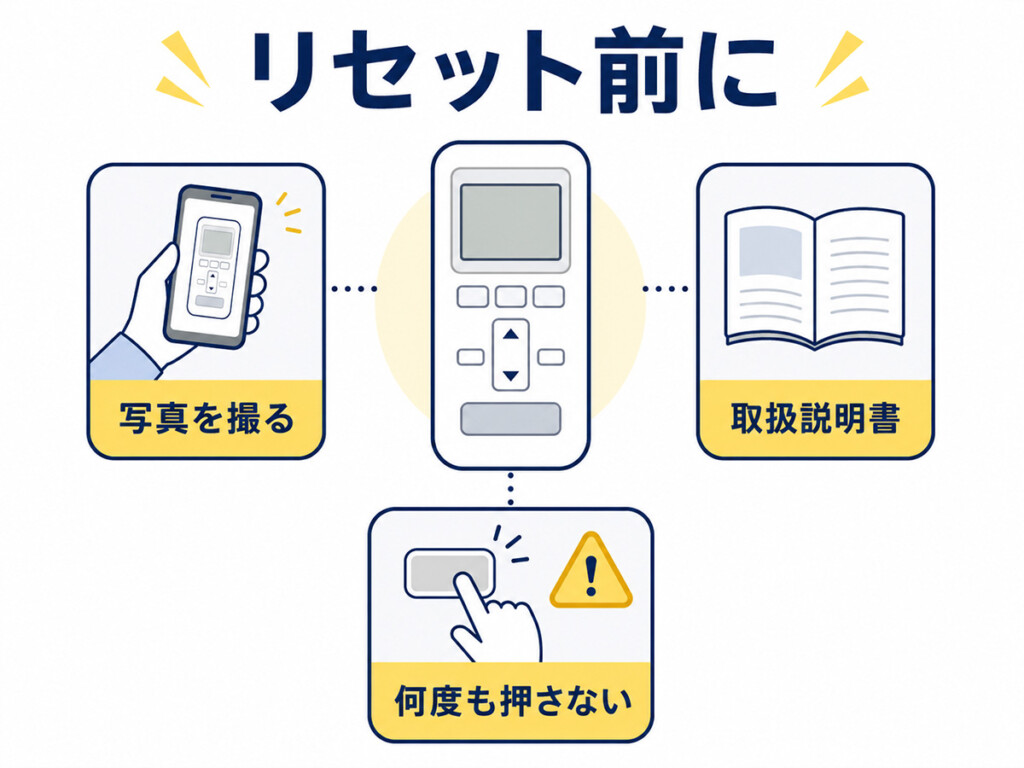 エコキュートのエラーコードをリセットする前に写真を撮り何度も操作しない注意点を示す図解