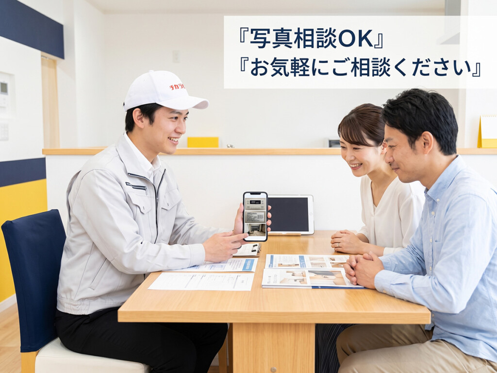チカラもち金沢店のスタッフがエコキュートのエラーコードについて写真を見ながら相談対応している画像
