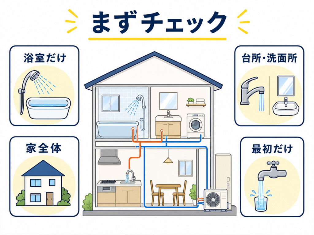 エコキュートのお湯がぬるい時に浴室だけか台所や洗面所だけか家全体かを確認する図解