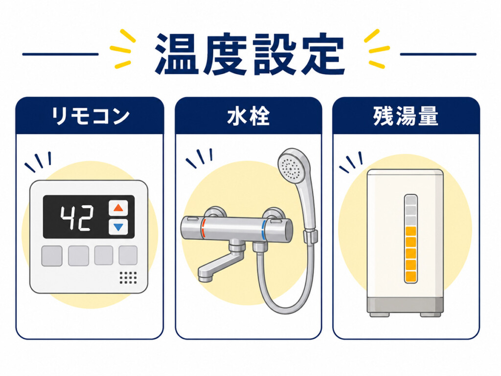 エコキュートのお湯がぬるい時にリモコン温度や水栓温度、残湯量を確認する図解