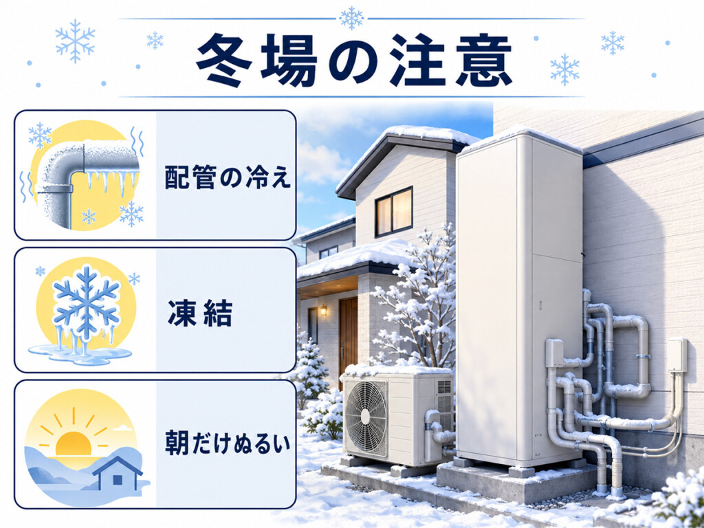 石川県の冬場にエコキュートの配管冷えや凍結でお湯がぬるくなる可能性を示す図解