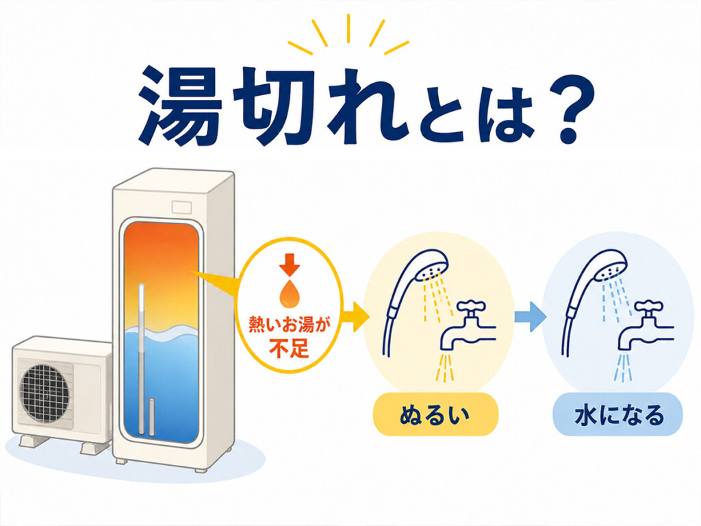 エコキュートの湯切れはタンク内の熱いお湯が不足してぬるいお湯や水になる状態を示す図解