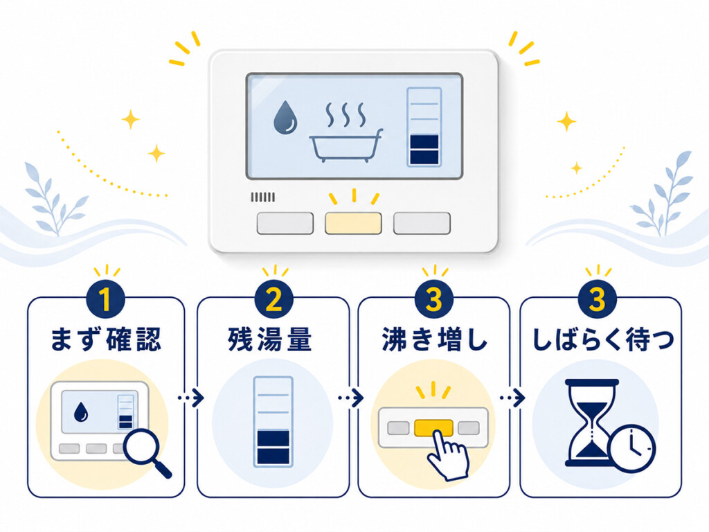 エコキュートの湯切れ時にリモコンの残湯量と沸き増しを確認ししばらく待つ流れを示す図解