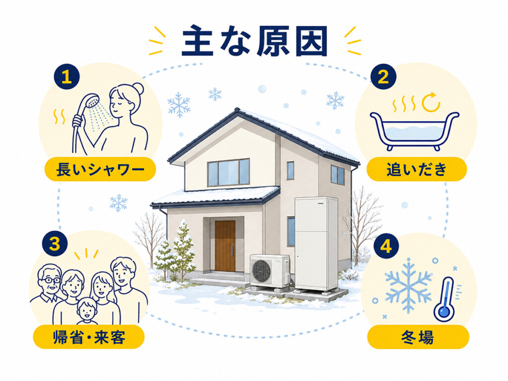 エコキュートの湯切れが長いシャワーや追いだき、来客、冬場の使用量増加で起こることを示す図解