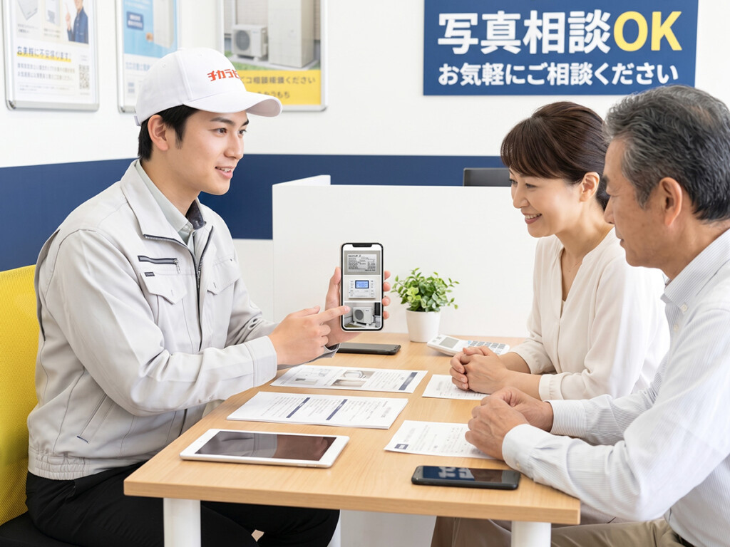 チカラもち金沢店のスタッフがエコキュートの湯切れについて写真を見ながら相談対応している画像