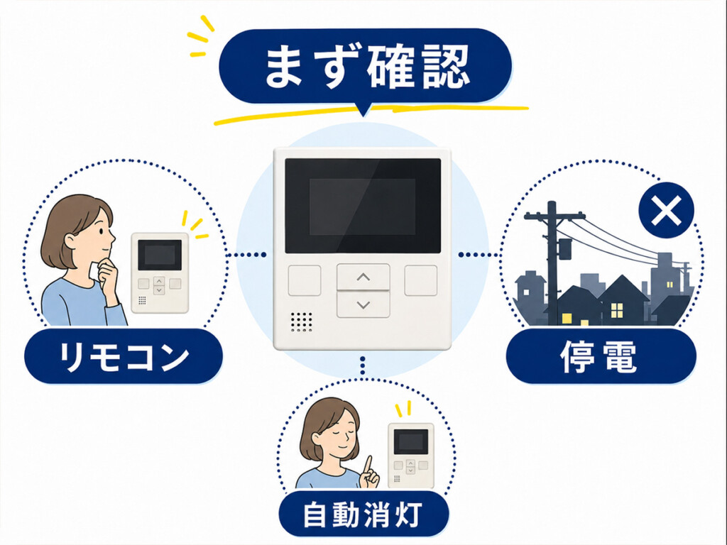 エコキュートのリモコンがつかない時に自動消灯や停電を確認する図解