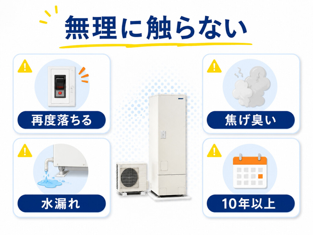 エコキュートのブレーカーが再度落ちる時や水漏れ、焦げ臭い時に無理に触らない注意点を示す図解