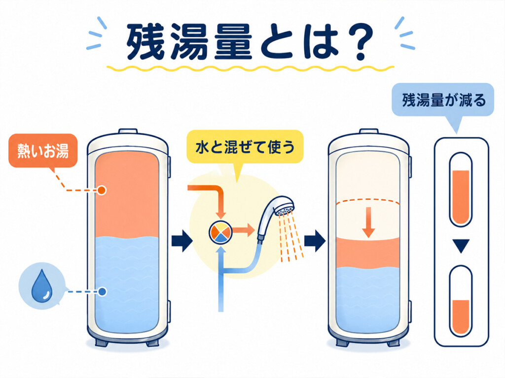 エコキュートの残湯量が早く減る仕組みをタンク内の熱いお湯で示した図解