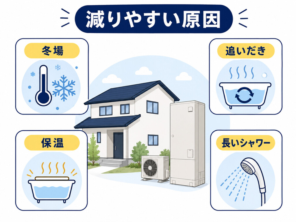 石川県の冬場や追いだき、保温、長いシャワーでエコキュートのお湯の減りが早くなりやすい理由を示す図解