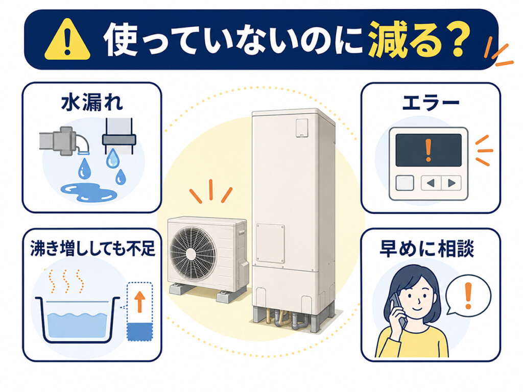エコキュートのお湯を使っていないのに残湯量が減る場合の水漏れや不具合の注意点を示す図解