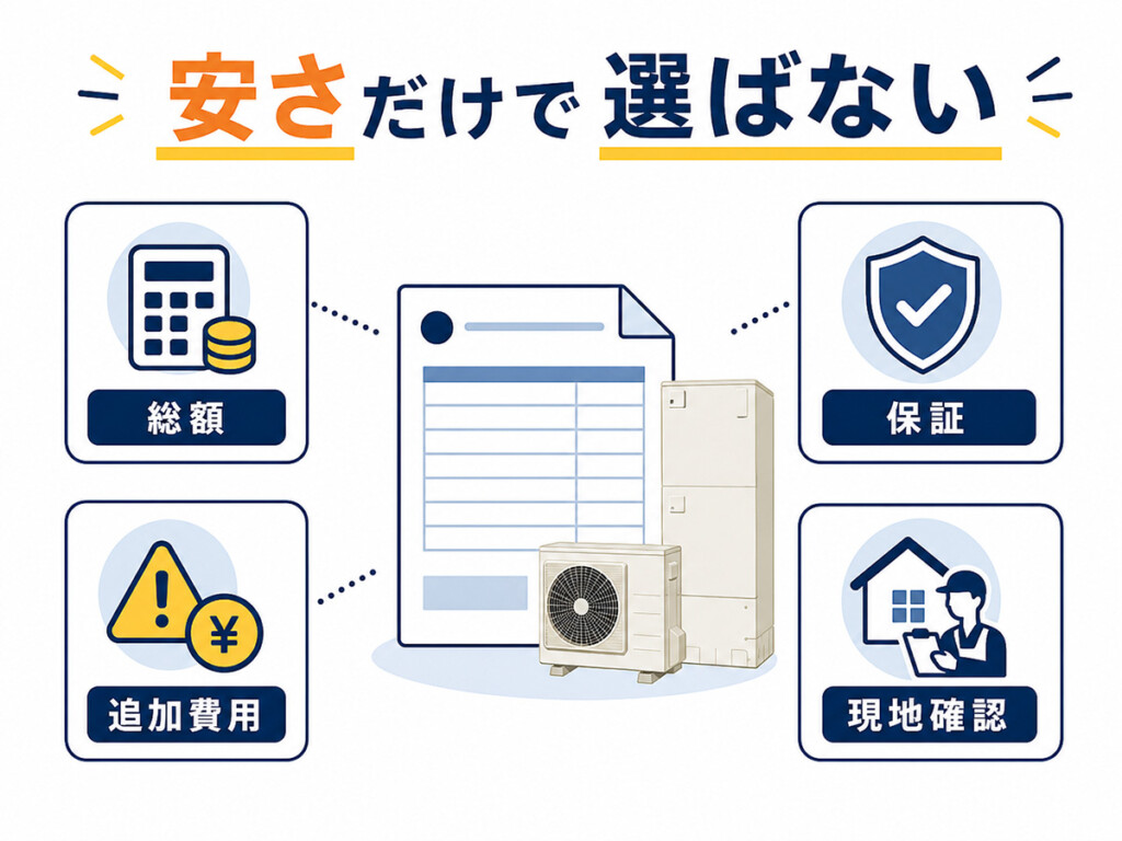 エコキュート交換業者を安さだけで選ぶ前に総額や保証を確認する注意点を示す図解