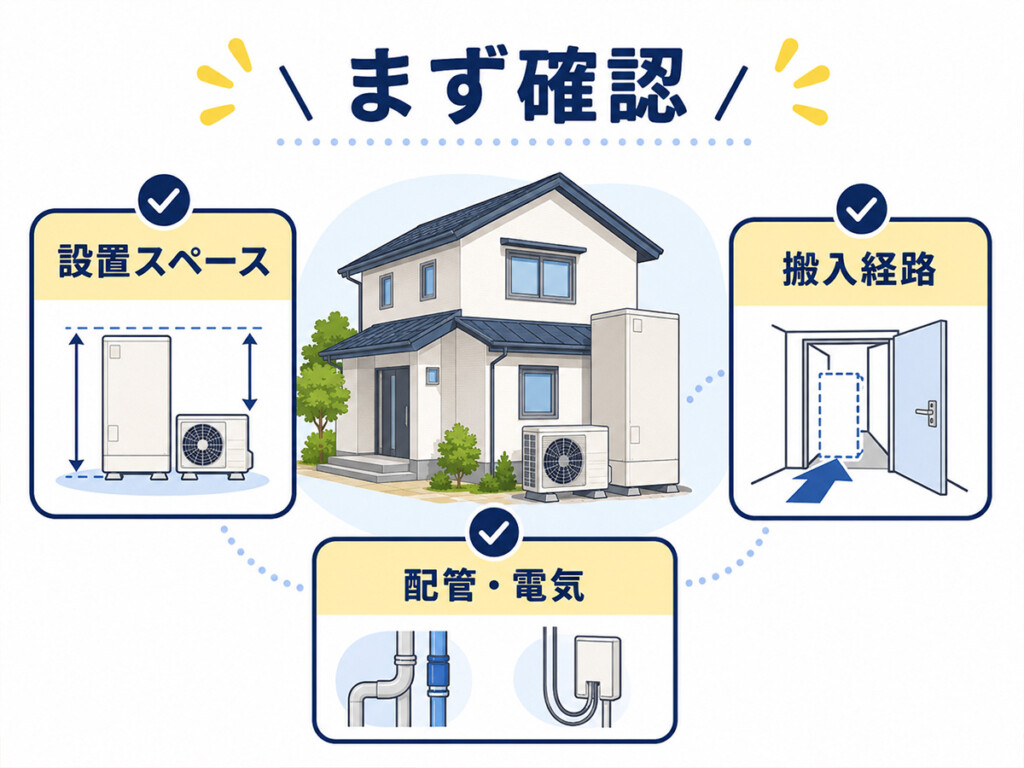 エコキュートを新規取り付けする時に設置スペースや搬入経路を確認する図解