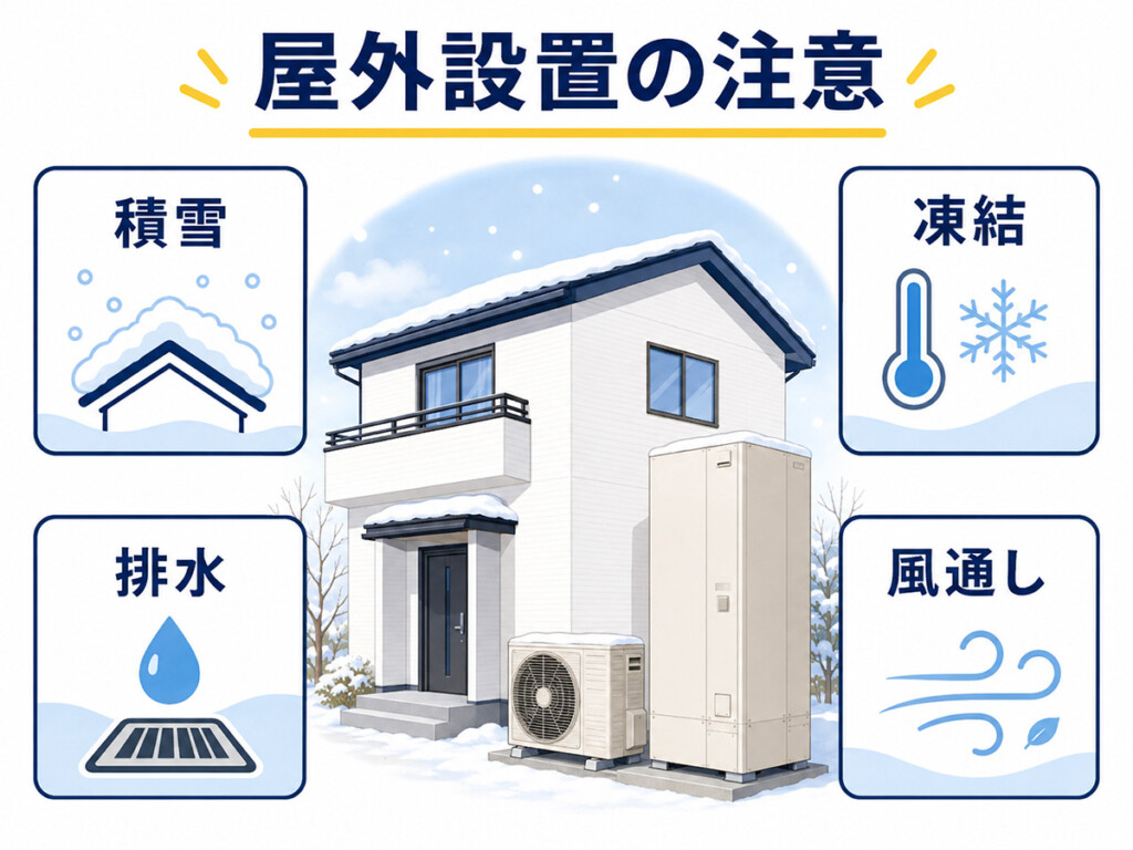 石川県でエコキュートを取り付ける時に積雪や凍結、屋外設置環境を確認する図解