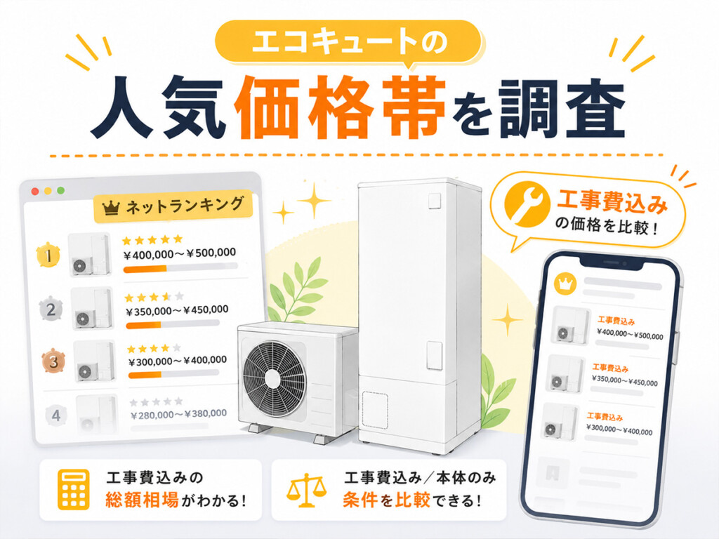 エコキュートのネット人気ランキングから工事費込み価格帯を比較する図解