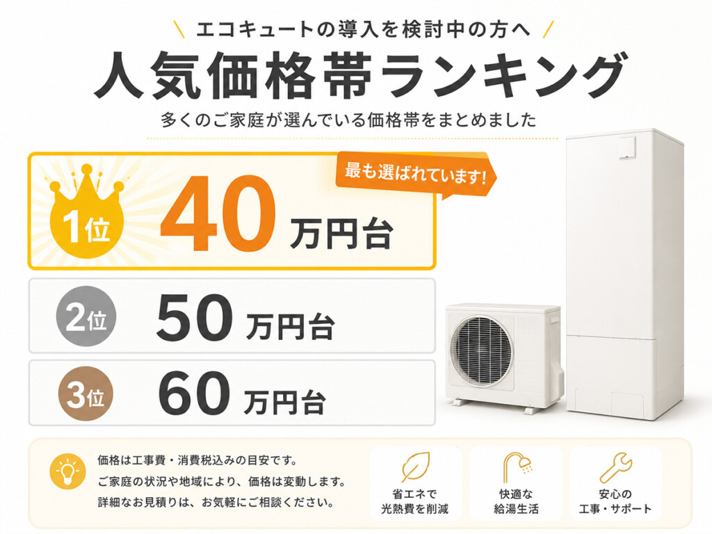 エコキュートの人気価格帯を40万円台50万円台60万円台で比較したランキング図解