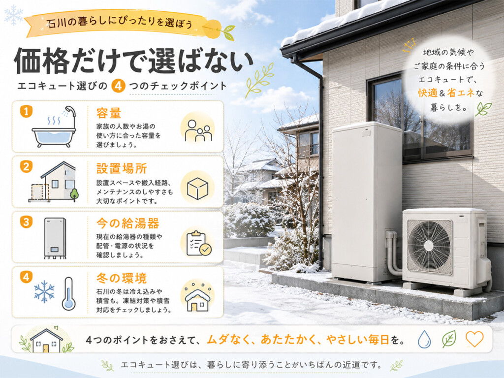 石川県でエコキュートの価格だけでなく容量や積雪凍結など設置条件を確認する図解
