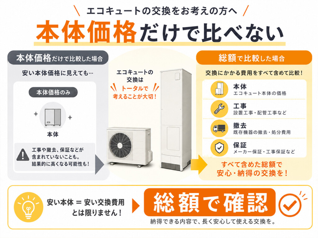 エコキュートを安く交換するときに本体価格だけでなく工事費込み総額を確認する図解
