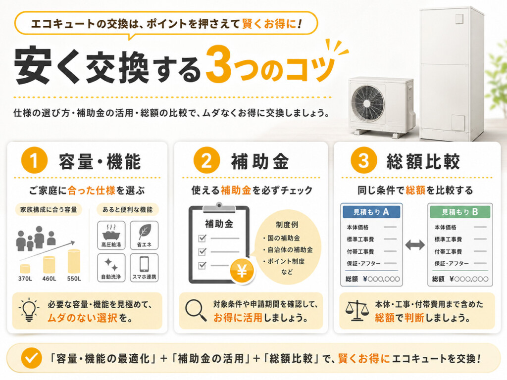 エコキュートを安く交換するための容量選び補助金総額比較の3つのコツを示す図解