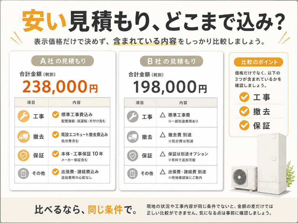 エコキュートの安い見積もりを工事撤去保証まで含めて比較する図解