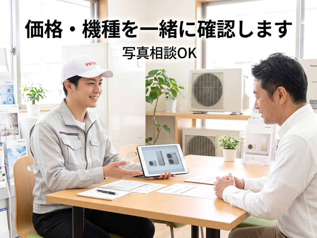 チカラもち金沢店のスタッフがエコキュートを安く交換するために型番や見積もりを相談者と確認している相談シーン