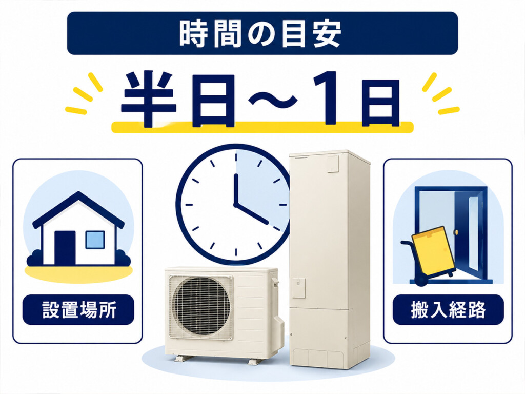 エコキュート交換工事にかかる時間の目安を半日から1日程度として示す図解