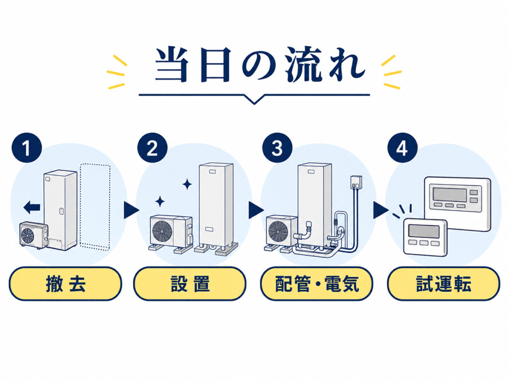 エコキュート交換工事の当日の流れを既存機器撤去から試運転まで示す図解