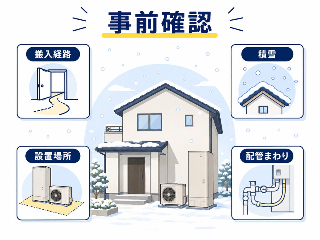 石川県でエコキュート工事前に搬入経路や積雪、設置場所を確認するポイントを示す図解