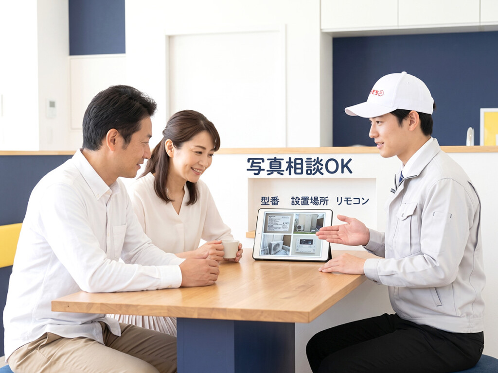 チカラもち金沢店のスタッフがエコキュート工事前に型番や設置場所の写真を確認している相談シーン