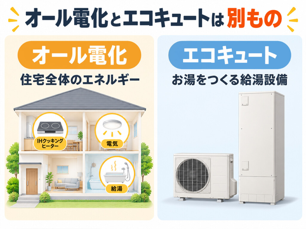 オール電化とエコキュートの違いを住宅全体と給湯設備に分けて説明する図解
