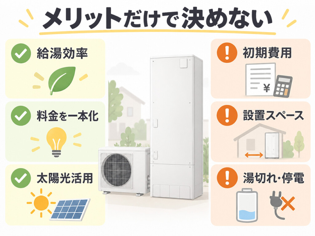 オール電化とエコキュートを組み合わせるメリットと注意点を比較する図解