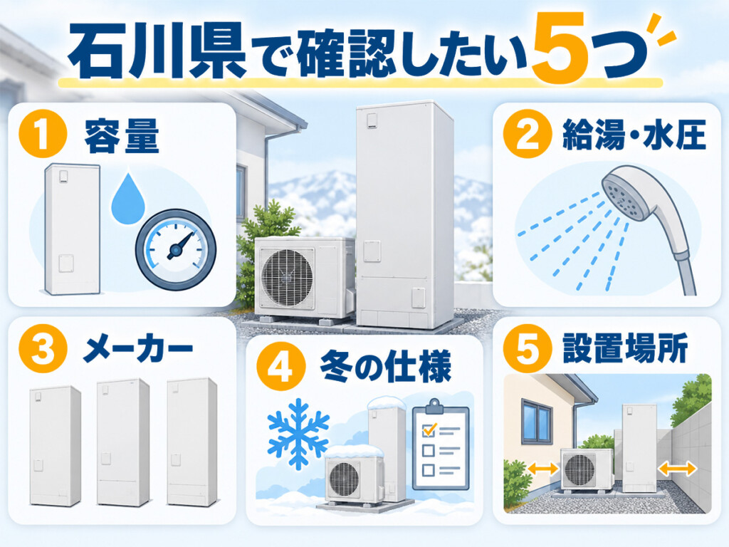 石川県でオール電化用エコキュートを選ぶ際の容量水圧メーカー寒冷地仕様設置場所の5つのポイント