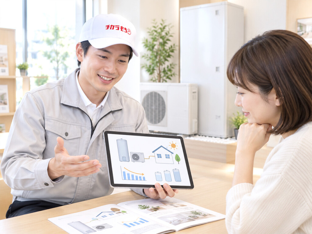 チカラもち金沢店のスタッフがお客様とオール電化用エコキュートの型番や容量を相談している様子