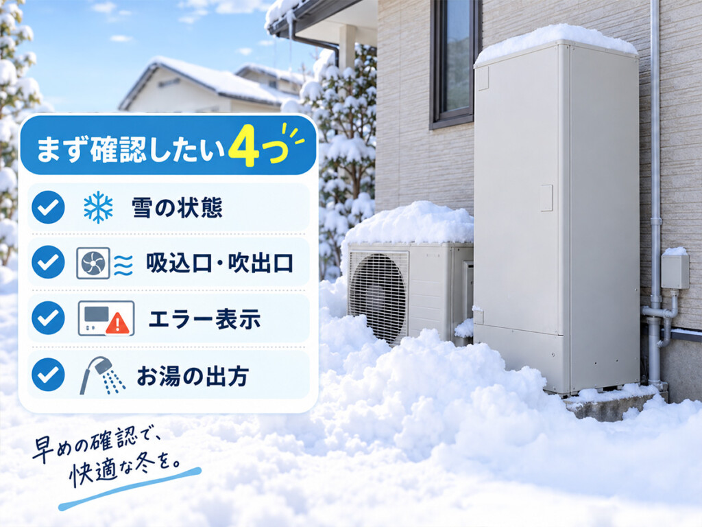 大雪のあとエコキュートでまず確認したい4つのポイントを示したイメージ