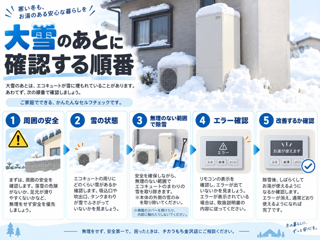 大雪のあとエコキュートを確認する順番を5つの手順でまとめたイメージ