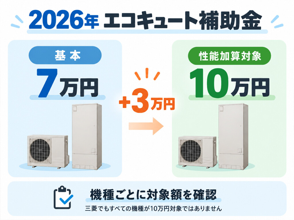 2026年のエコキュート補助金で基本7万円と性能加算対象10万円の違いを比較した図解