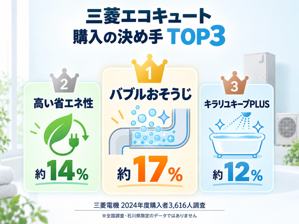 三菱エコキュート購入者の決め手としてバブルおそうじ17％、高い省エネ性14％、キラリユキープPLUS12％を紹介する図解