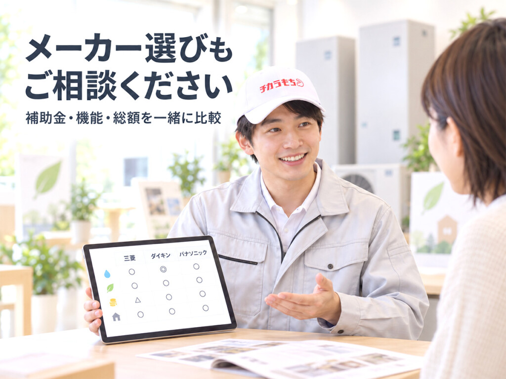 チカラもち金沢店のスタッフがお客様とエコキュートのメーカー選びや補助金、機能、総額を比較相談している様子